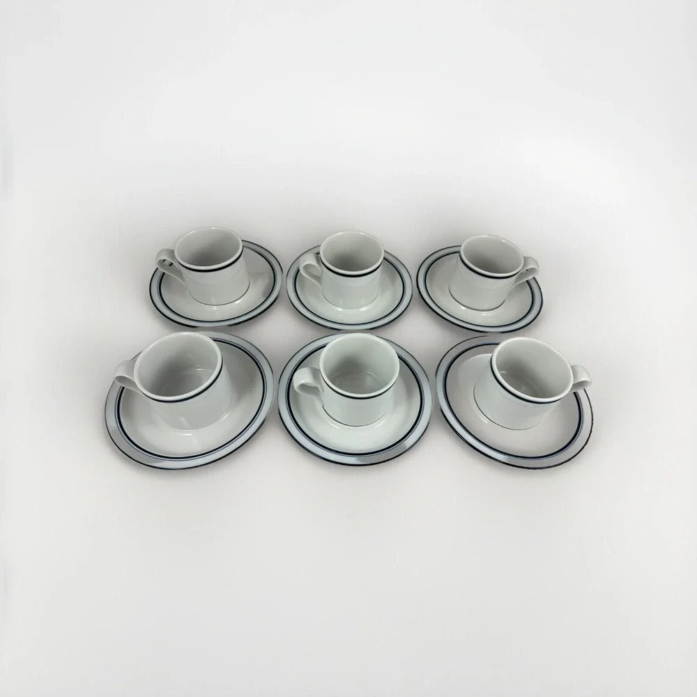 Dansk Bistro Mugs Blue & White Saucers Portugal Set Of 6